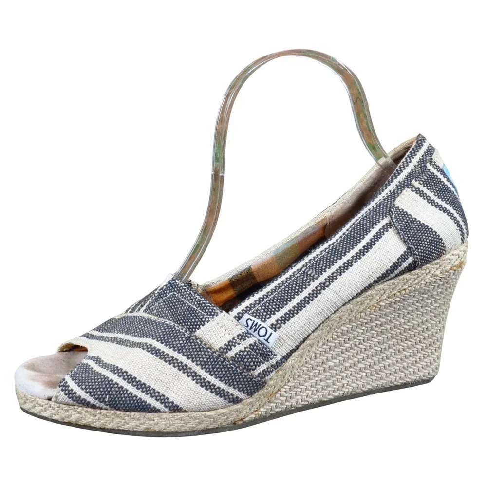 TOMS Classic Espadrille‎ Wedge Women Heel Size 10 Casual Summer Navy Blue Stripe